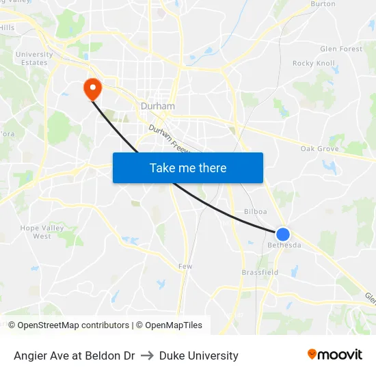 Angier Ave at Beldon Dr to Duke University map