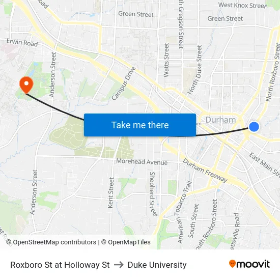 Roxboro St at Holloway St to Duke University map