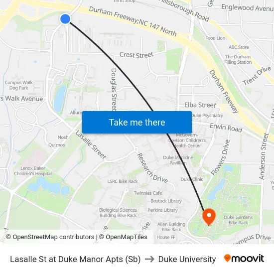 Lasalle St at Duke Manor Apts (Sb) to Duke University map