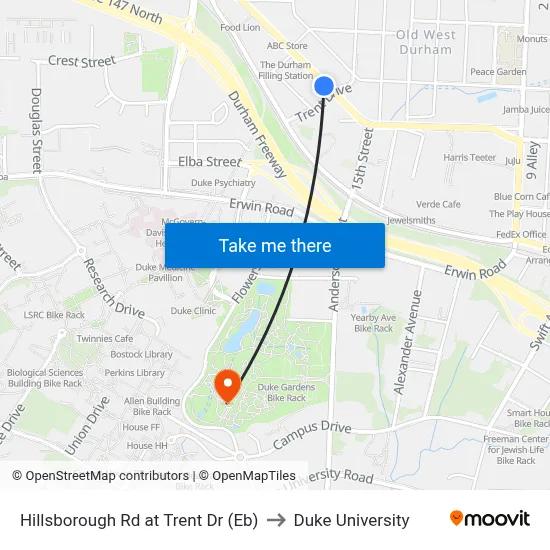 Hillsborough Rd at Trent Dr (Eb) to Duke University map