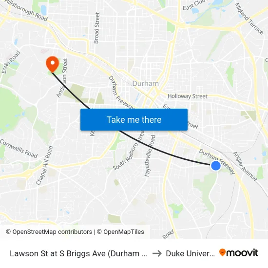 Lawson St at S Briggs Ave (Durham Exchan to Duke University map