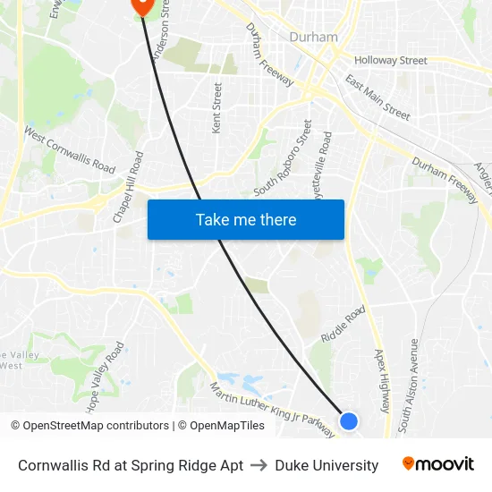 Cornwallis Rd at Spring Ridge Apt to Duke University map