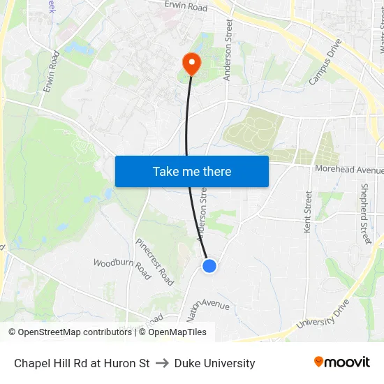 Chapel Hill Rd at Huron St to Duke University map