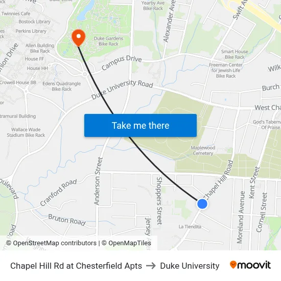 Chapel Hill Rd at Chesterfield Apts to Duke University map