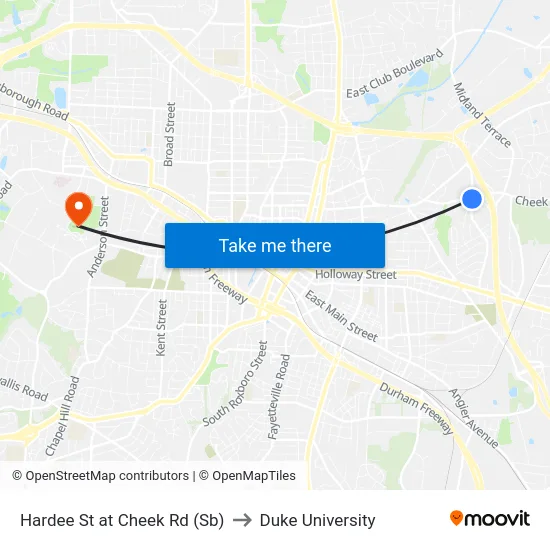 Hardee St at Cheek Rd (Sb) to Duke University map