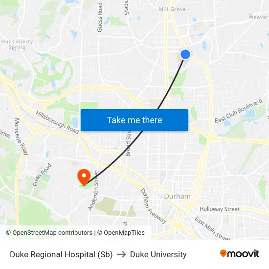 Duke Regional Hospital (Sb) to Duke University map
