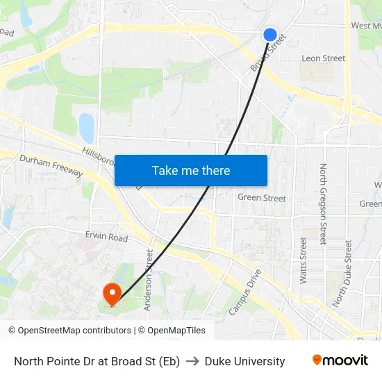 North Pointe Dr at Broad St (Eb) to Duke University map