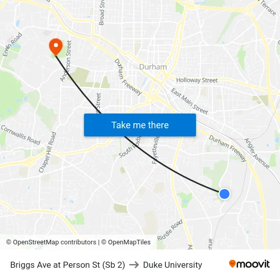 Briggs Ave at Person St (Sb 2) to Duke University map