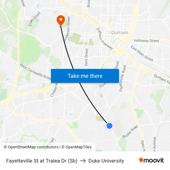 Fayetteville St at Tralea Dr (Sb) to Duke University map