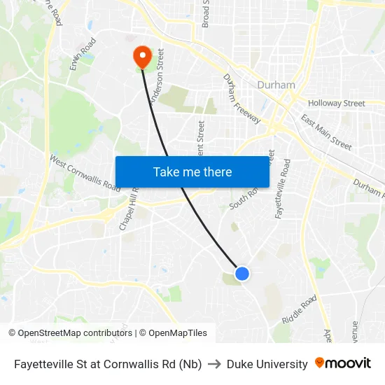 Fayetteville St at Cornwallis Rd (Nb) to Duke University map