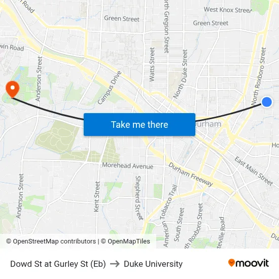 Dowd St at Gurley St (Eb) to Duke University map