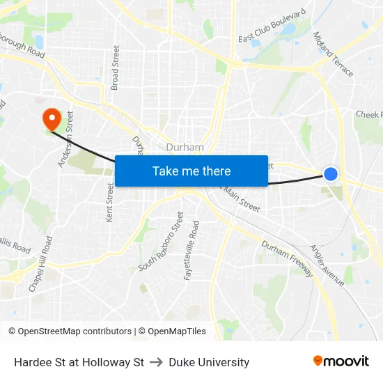 Hardee St at Holloway St to Duke University map