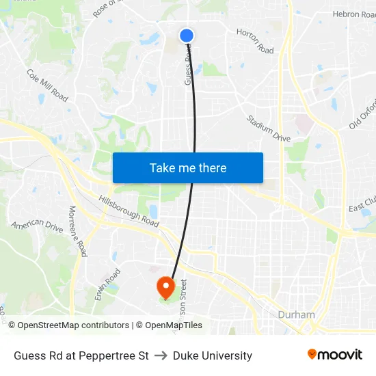 Guess Rd at Peppertree St to Duke University map