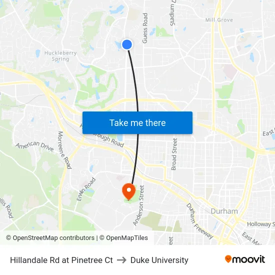 Hillandale Rd at Pinetree Ct to Duke University map