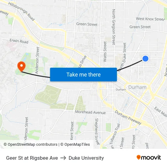 Geer St at Rigsbee Ave to Duke University map