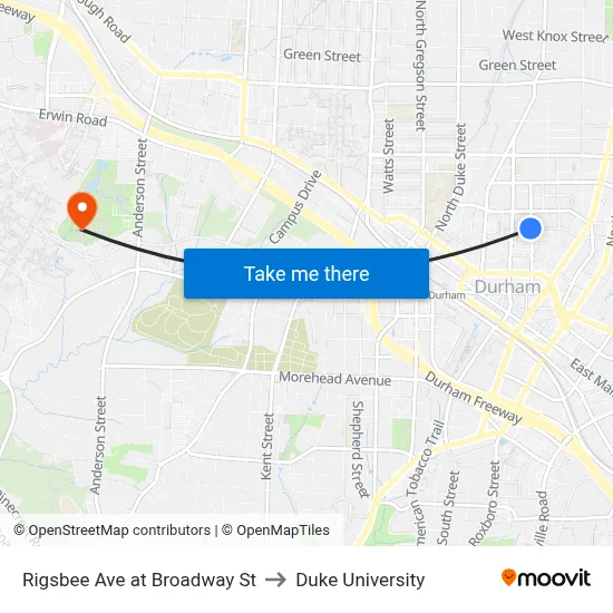 Rigsbee Ave at Broadway St to Duke University map