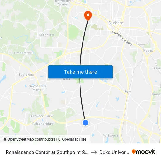 Renaissance Center at Southpoint Shoppin to Duke University map
