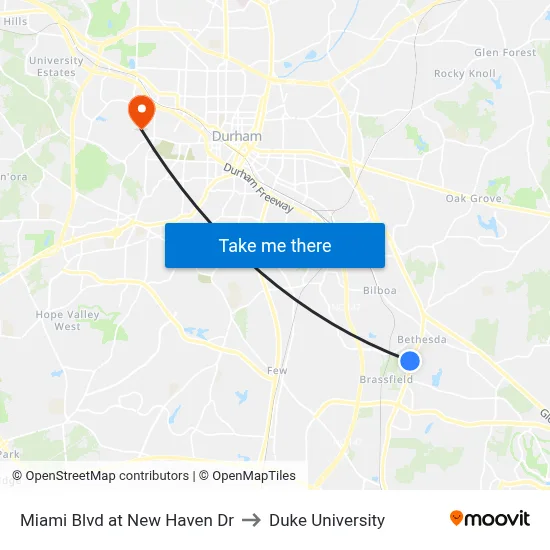 Miami Blvd at New Haven Dr to Duke University map