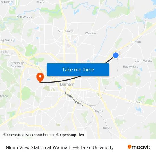 Glenn View Station at Walmart to Duke University map