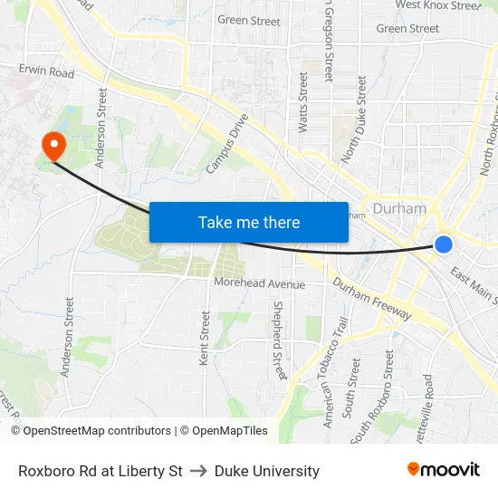 Roxboro Rd at Liberty St to Duke University map