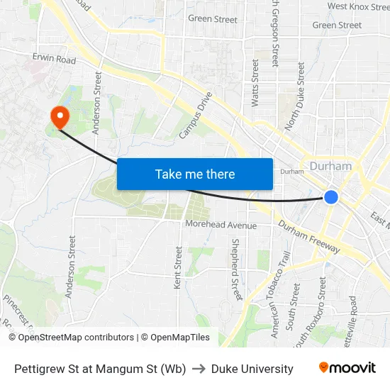 Pettigrew St at Mangum St (Wb) to Duke University map