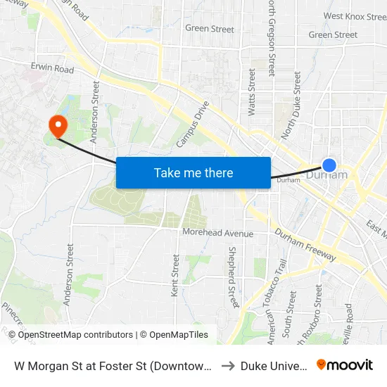 W Morgan St at Foster St (Downtown Ymca) to Duke University map