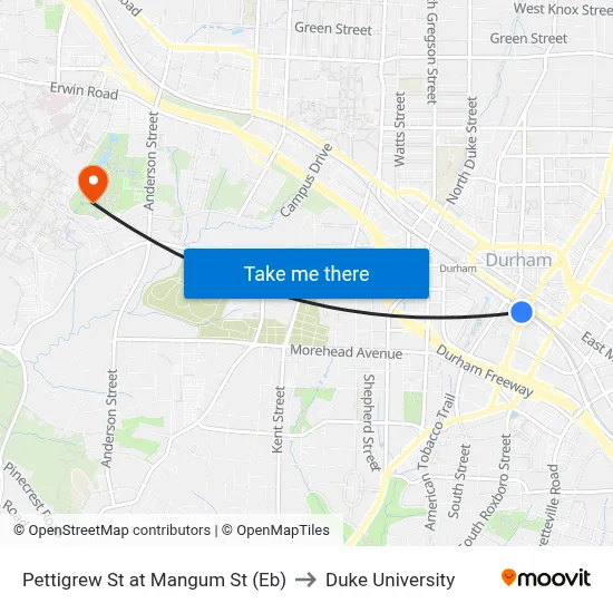 Pettigrew St at Mangum St (Eb) to Duke University map