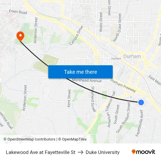 Lakewood Ave at Fayetteville St to Duke University map