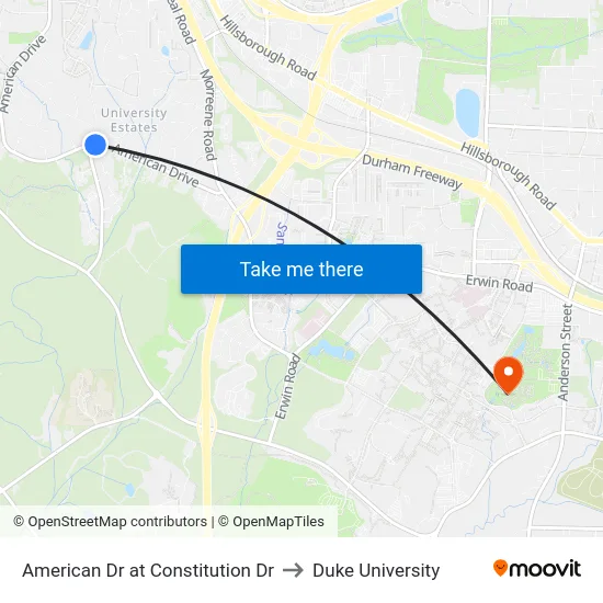 American Dr at Constitution Dr to Duke University map