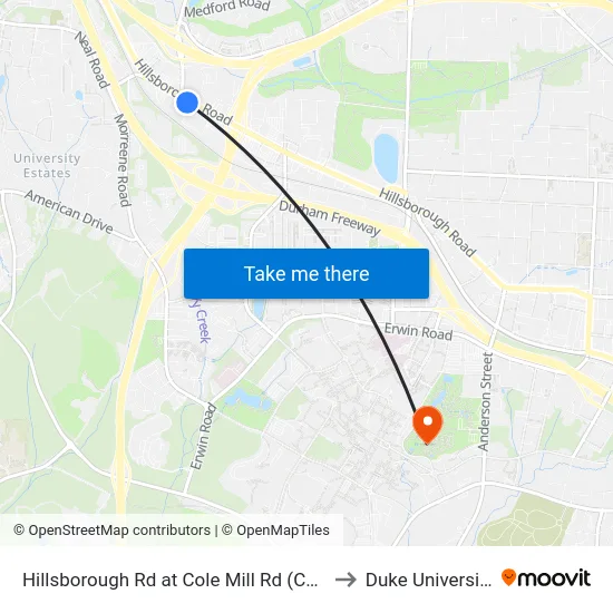 Hillsborough Rd at Cole Mill Rd (Cvs) to Duke University map