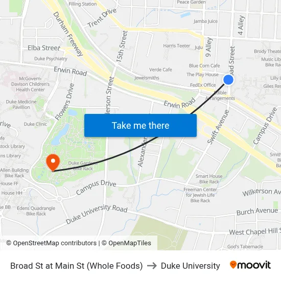 Broad St at Main St (Whole Foods) to Duke University map