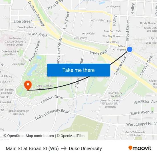 Main St at Broad St (Wb) to Duke University map