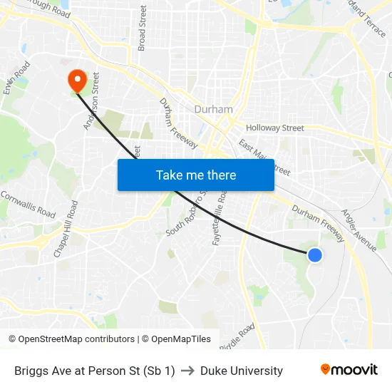 Briggs Ave at Person St (Sb 1) to Duke University map