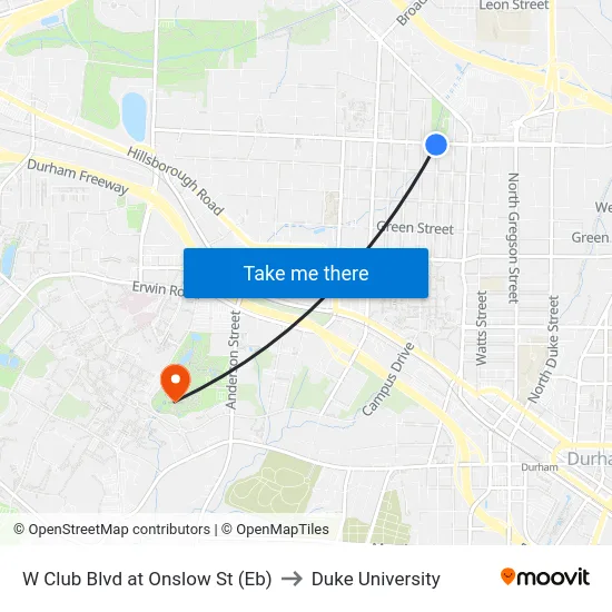 W Club Blvd at Onslow St (Eb) to Duke University map