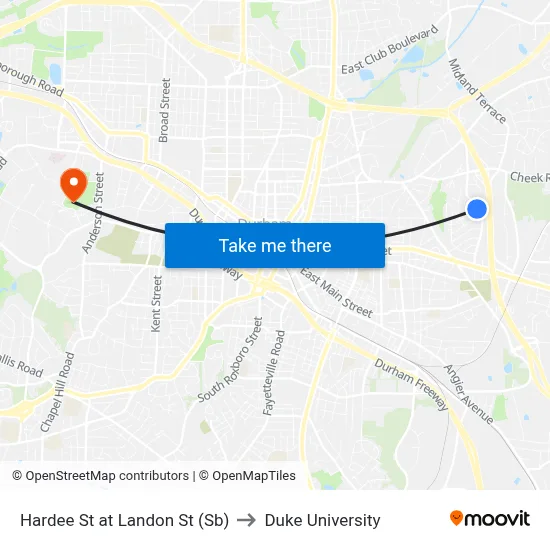 Hardee St at Landon St (Sb) to Duke University map