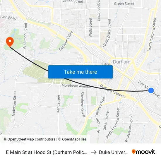 E Main St at Hood St (Durham Police Dept to Duke University map