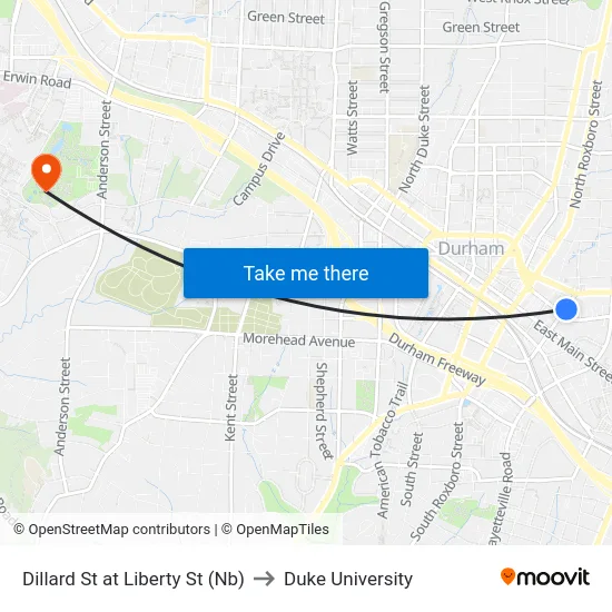 Dillard St at Liberty St (Nb) to Duke University map