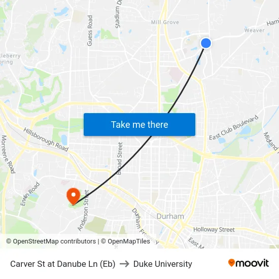 Carver St at Danube Ln (Eb) to Duke University map