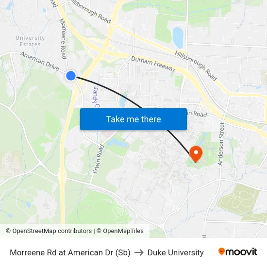 Morreene Rd at American Dr (Sb) to Duke University map