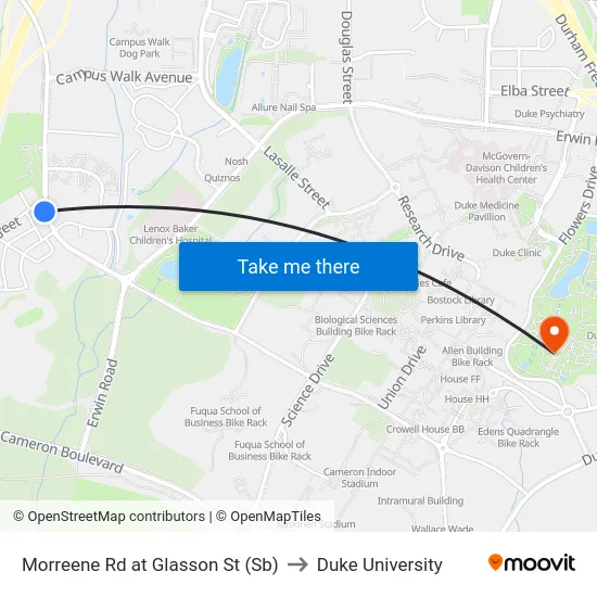 Morreene Rd at Glasson St (Sb) to Duke University map