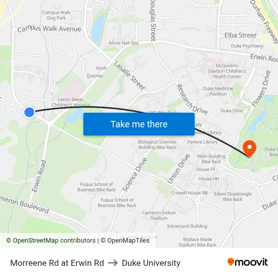 Morreene Rd at Erwin Rd to Duke University map