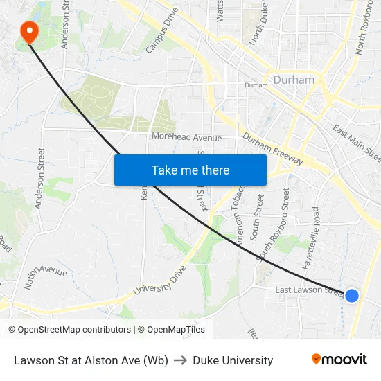 Lawson St at Alston Ave (Wb) to Duke University map