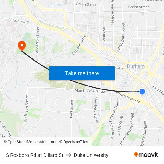 S Roxboro Rd at Dillard St to Duke University map