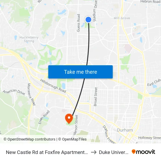 New Castle Rd at Foxfire Apartments (Nb) to Duke University map