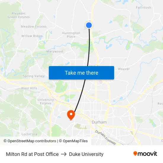 Milton Rd at Post Office to Duke University map