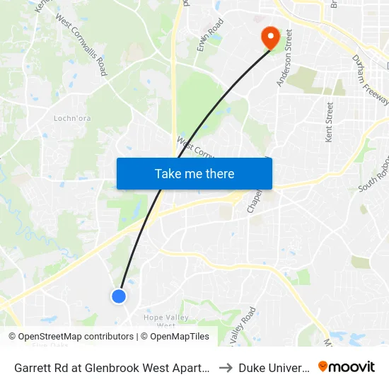 Garrett Rd at Glenbrook West Apartments to Duke University map