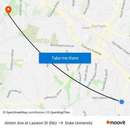 Alston Ave at Laswon St (Nb) to Duke University map