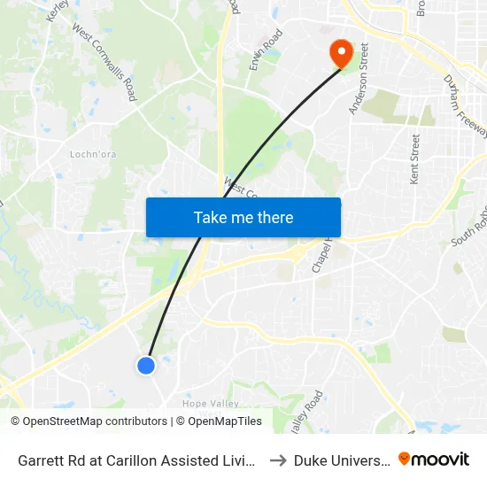 Garrett Rd at Carillon Assisted Living C to Duke University map