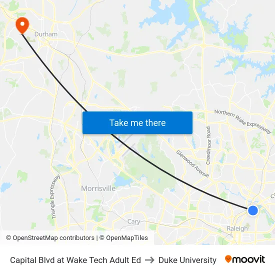 Capital Blvd at Wake Tech Adult Ed to Duke University map