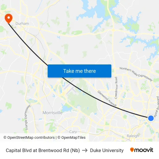 Capital Blvd at Brentwood Rd (Nb) to Duke University map